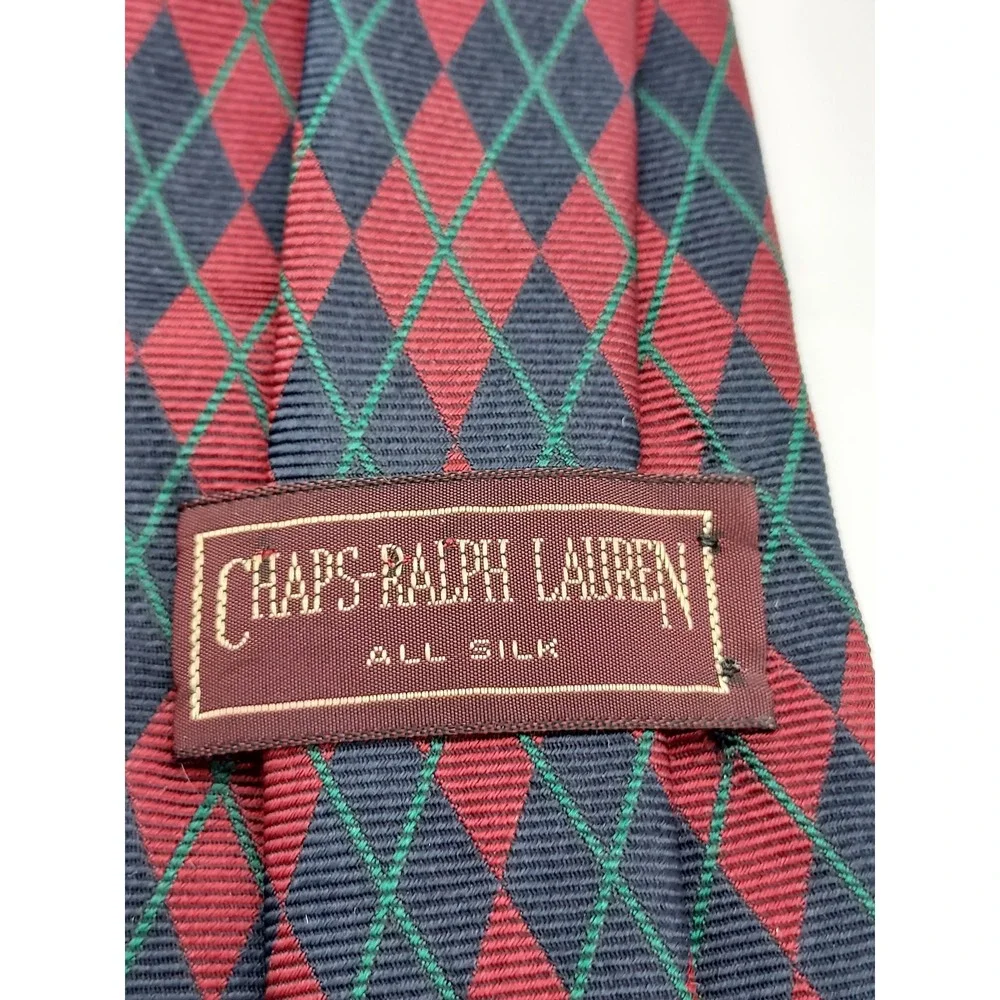 Chaps Ralph Lauren Mens Silk Tie Red Navy Blue Argyle Diamond Pattern T072